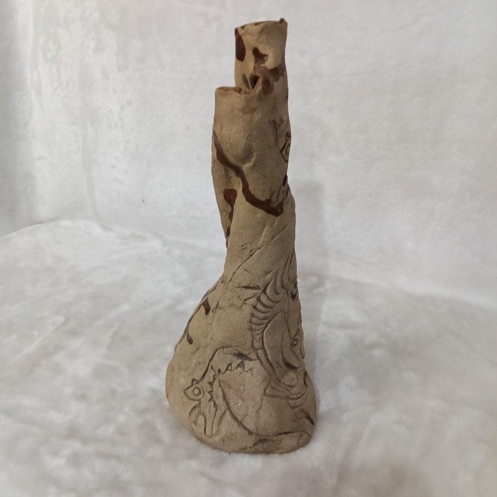 Vintage Folk Art Ceramic Vase Primitive Double Spout Twisted Studio Pottery 11"
